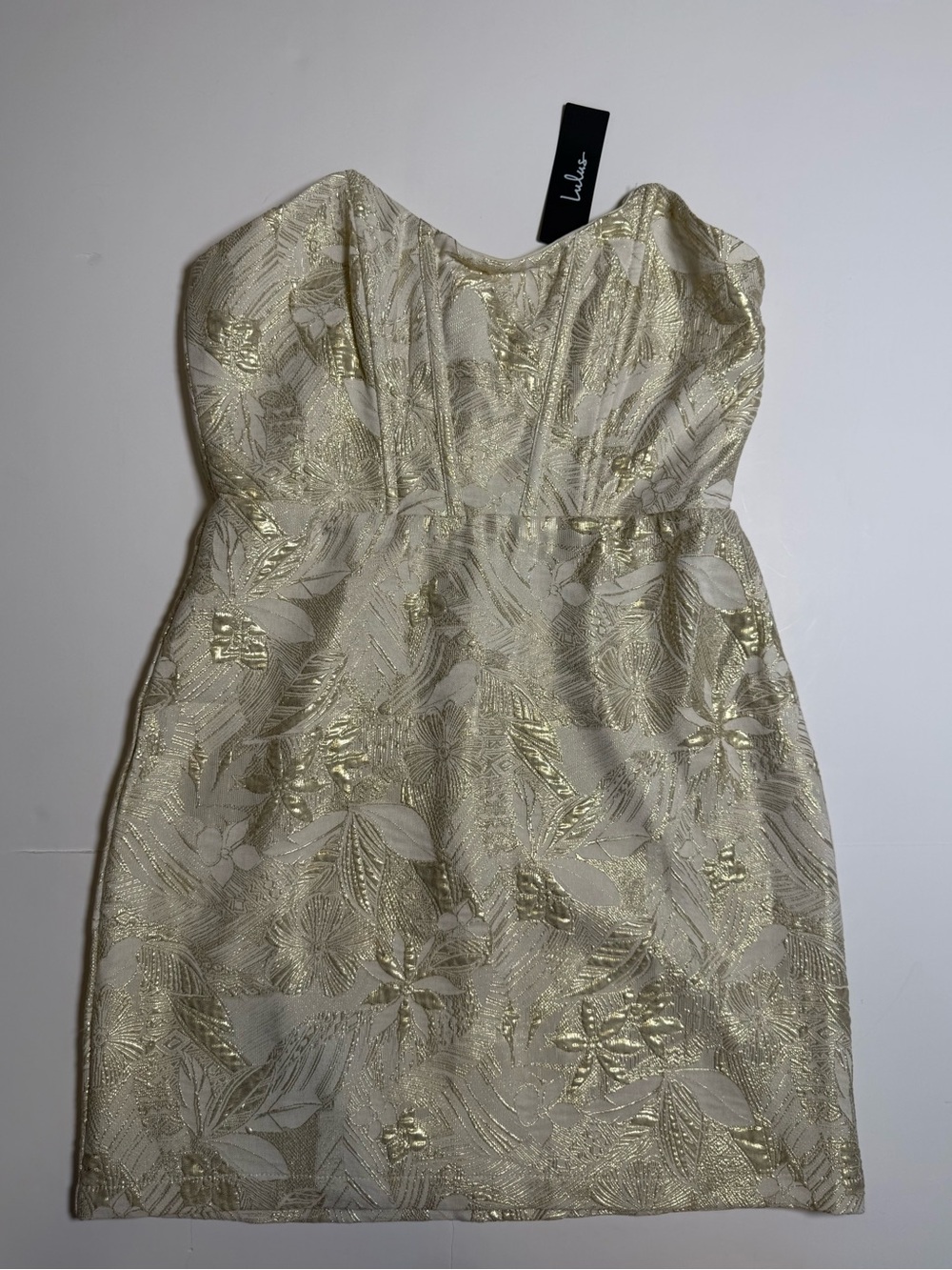NWT Lulus Metallic Gold Floral Jacquard Strapless Mini Dress Women’s L Glam